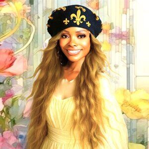 FINESSE Golden Fleur-De-Lis Embroidered Glittery Rope Blue Crocheted Beret
